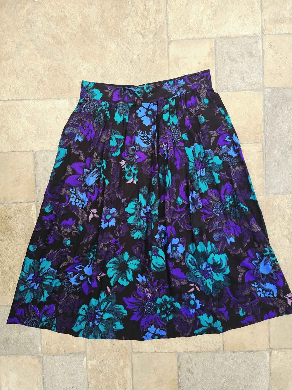 Vintage Perfection Floral Pleated Midi Skirt in Black with Teal, Blue, & Purple